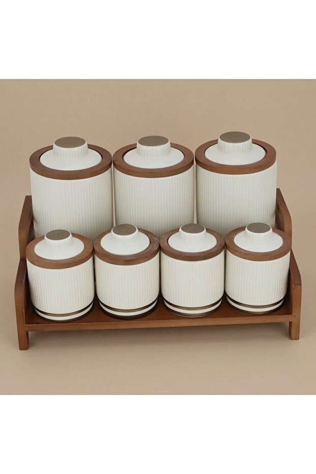Al Saif Gallery porcelain spice box set, 7 pieces, wooden stand - beige