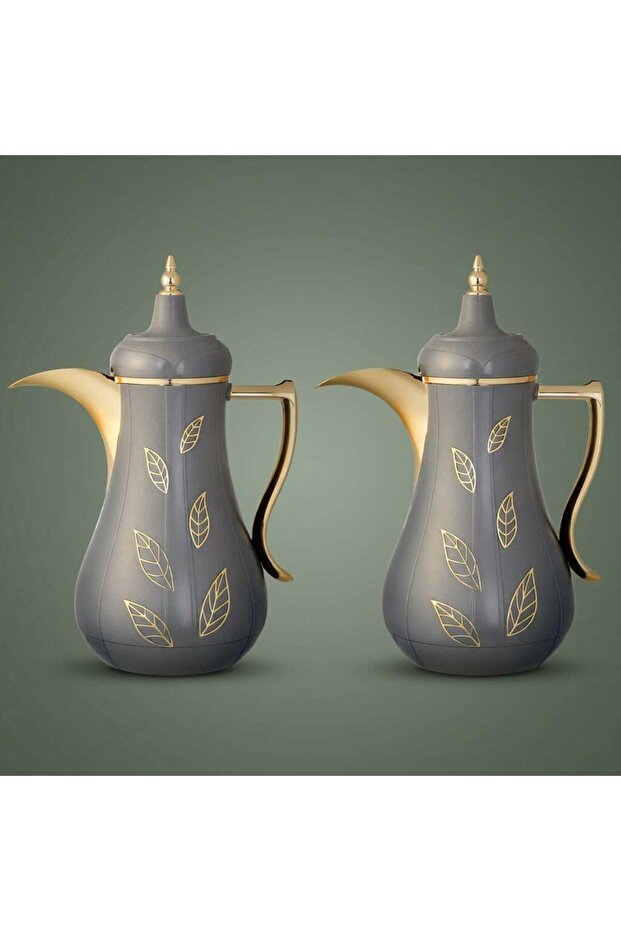 مجموعة ترمس السيف جاليري سالما، سعة 1 لتر، بنقش ذهبي، غلاف داخلي زجاجي حراري، غلاف خارجي بلاستيكي - رمادي غامق