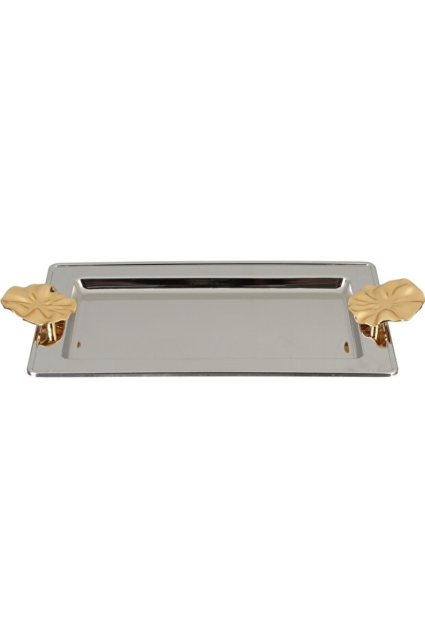 Al Saif Gallery stainless steel serving tray, 30x18.5x2 cm, rectangular, gold-silver handle
