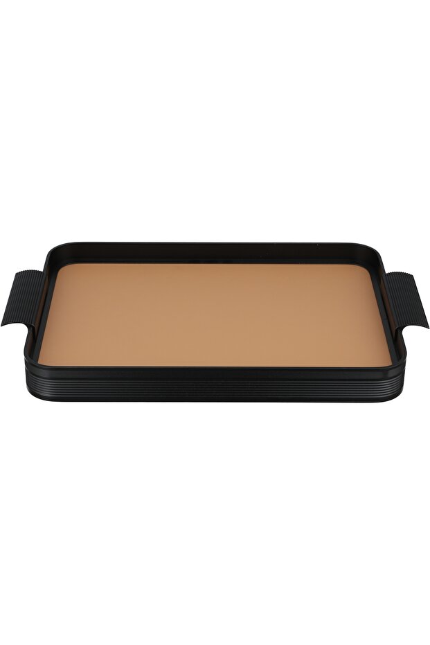 Al Saif Gallery Stainless Steel Serving Tray, 30x24x3.6 cm, Rectangular, Leather, Two Handles - Black Light Brown