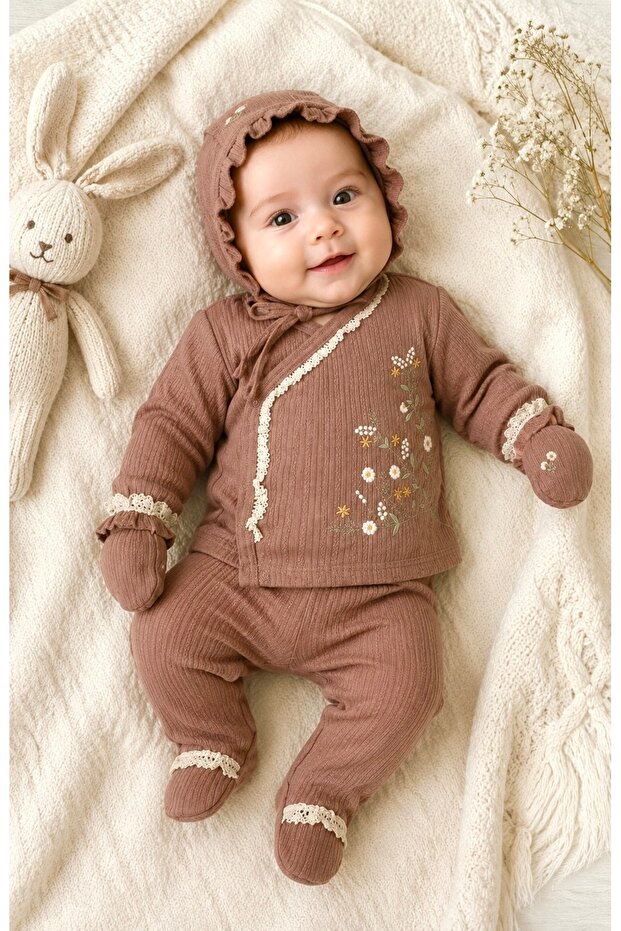 Ncx 243333 Brown Lace Floral Embroidered 5-Piece Bodysuit Set