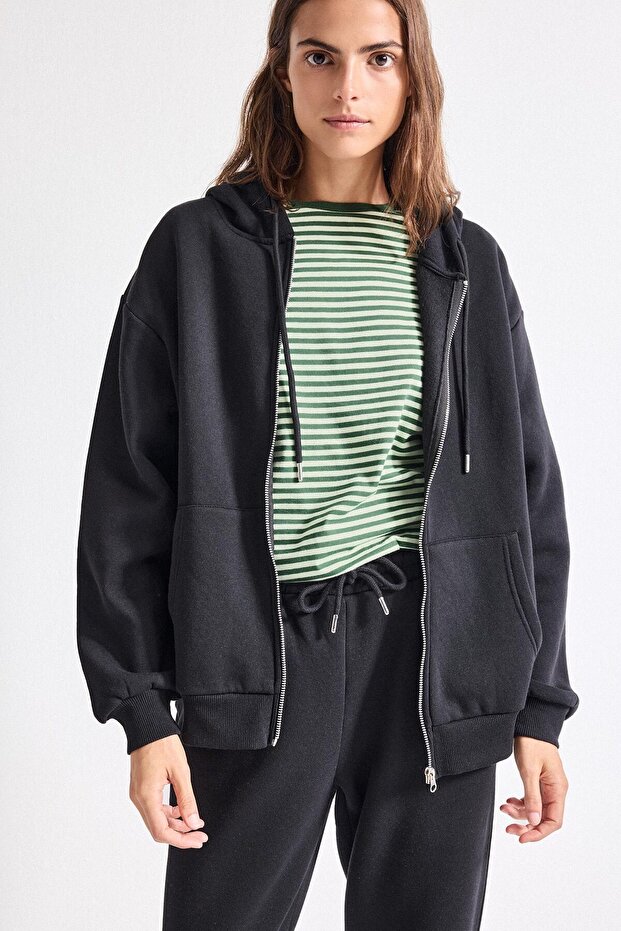 Black Back to School Relax Fit Hooded Thick Basic Plain Pocket Zipper Sweatshirt D8717Ax24Wn
