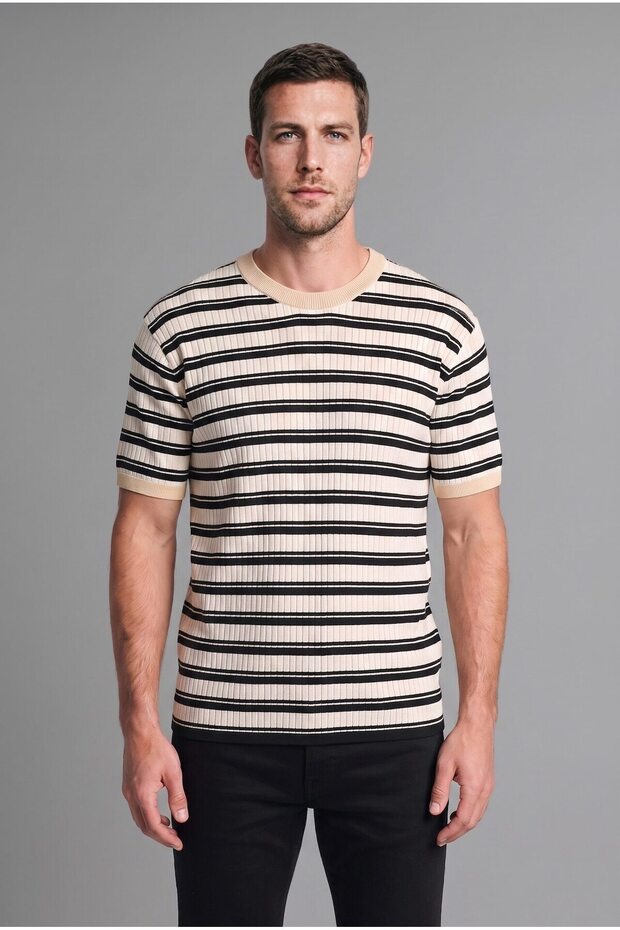 Relax Fit Crew Neck Short Sleeve Striped Ribbed Knitwear T-Shirt H6669Ax26Au