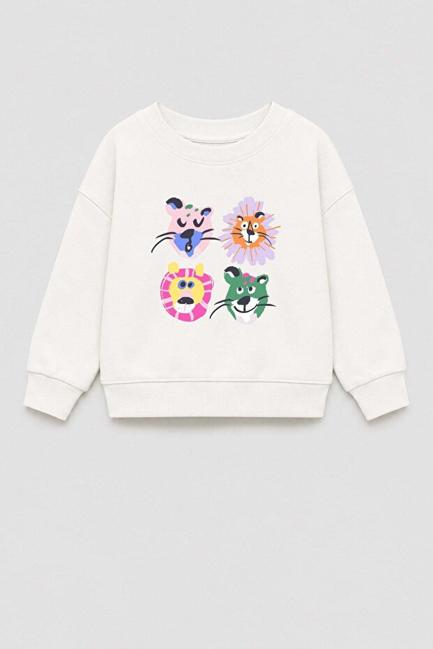 Girl's 3 Thread Fabric Cotton Animal Print Sweatshirt