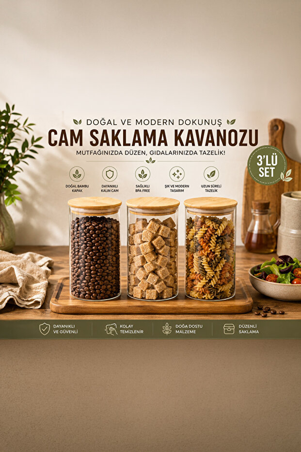 2-3 Bamboo Vacuum Lids Round Borosilicate Glass 3-Piece Jar Set Storage Container 1300ml 10X20Cm