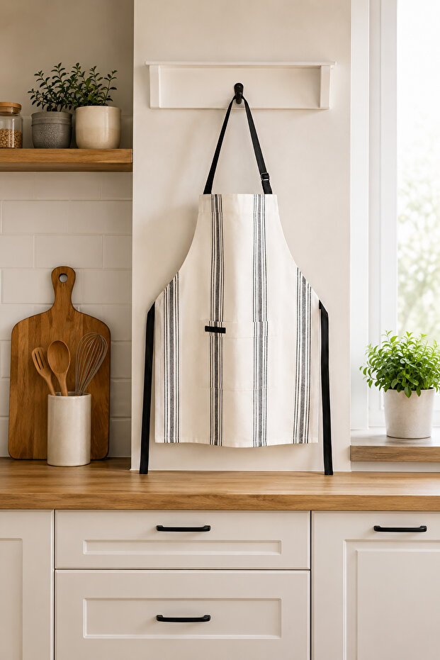 Buldan Linen Striped Kitchen Apron-Natural-Black
