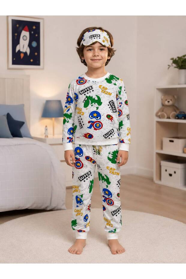 Boy's Cotton Piece Fabric White Color Captain America Patterned Sleeping Band Long Sleeve Transitional Pajamas