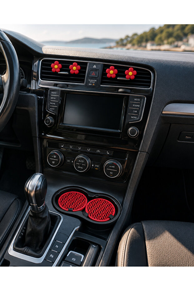 Red In-Car Accessory Set – Air Conditioner Decorative Flower & Coaster Set of 6
