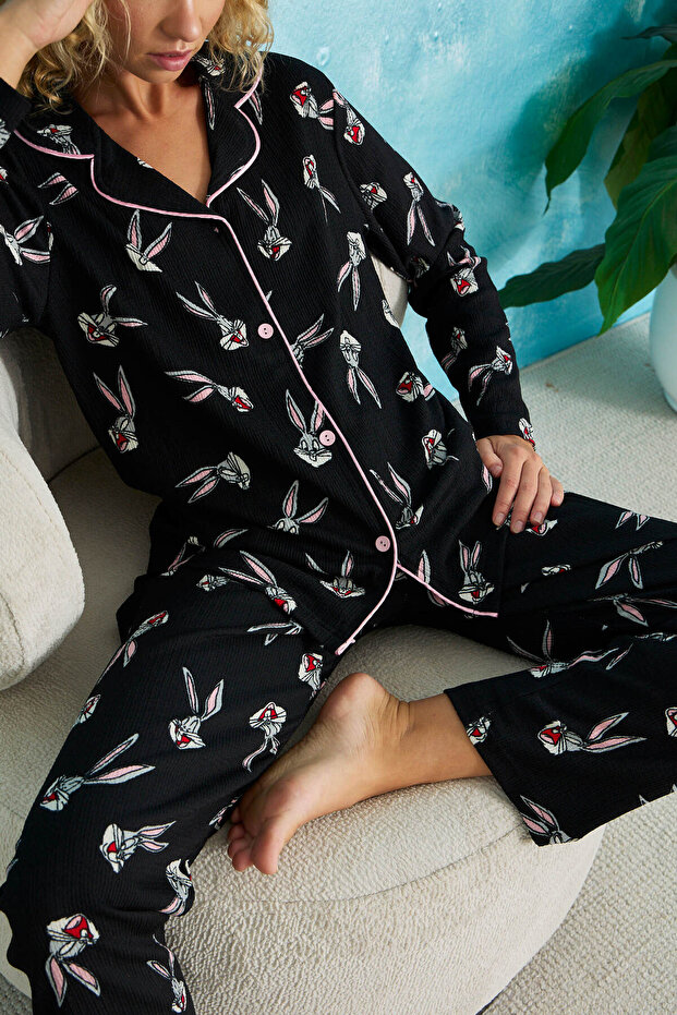 Rabbit Patterned Piping Detailed Wrinkled Long Pajama Set