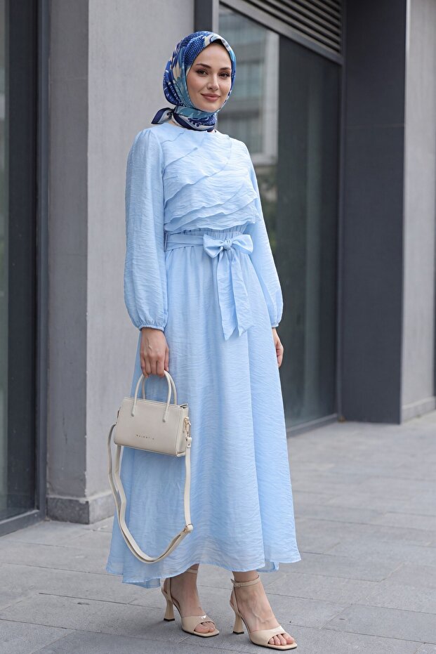 Elastic Waist Belted, Folded Front, Balloon Sleeve Lined Chiffon Dress - Blue