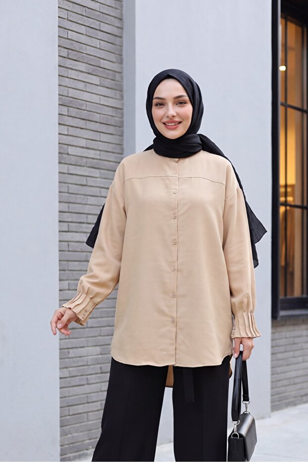Draped Cuff Oval Cut Shirt - Light Mink