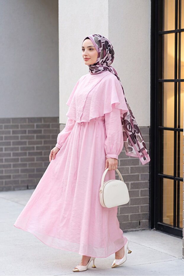 Lined Belted Tulle Modal Dress with Cape Detail on the Collar -Pink