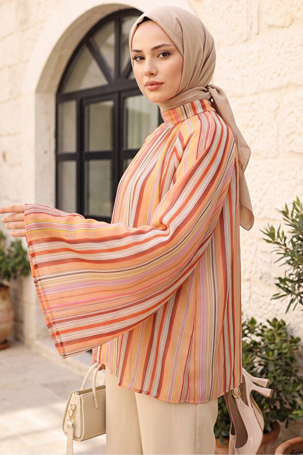 Hakim Yaka Striped Lined Oversize Thin Voile Tunic - Salmon