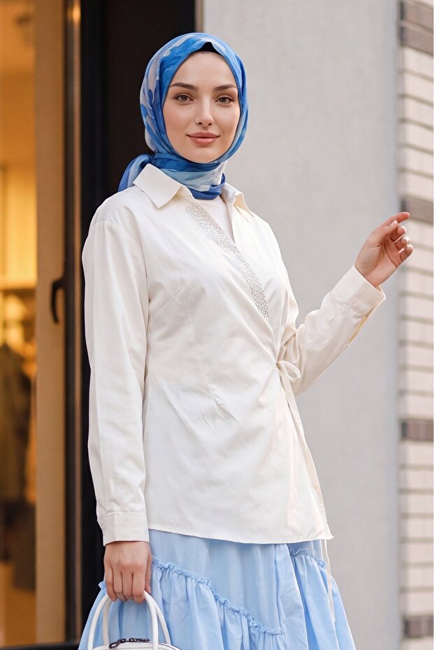 Side Tie Stone Detailed Double Breasted Collared Poplin Shirt - Cream