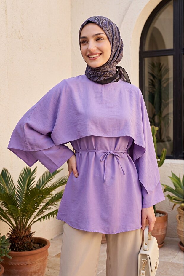 Cape Detailed Belted Voile Tunic -Lilac