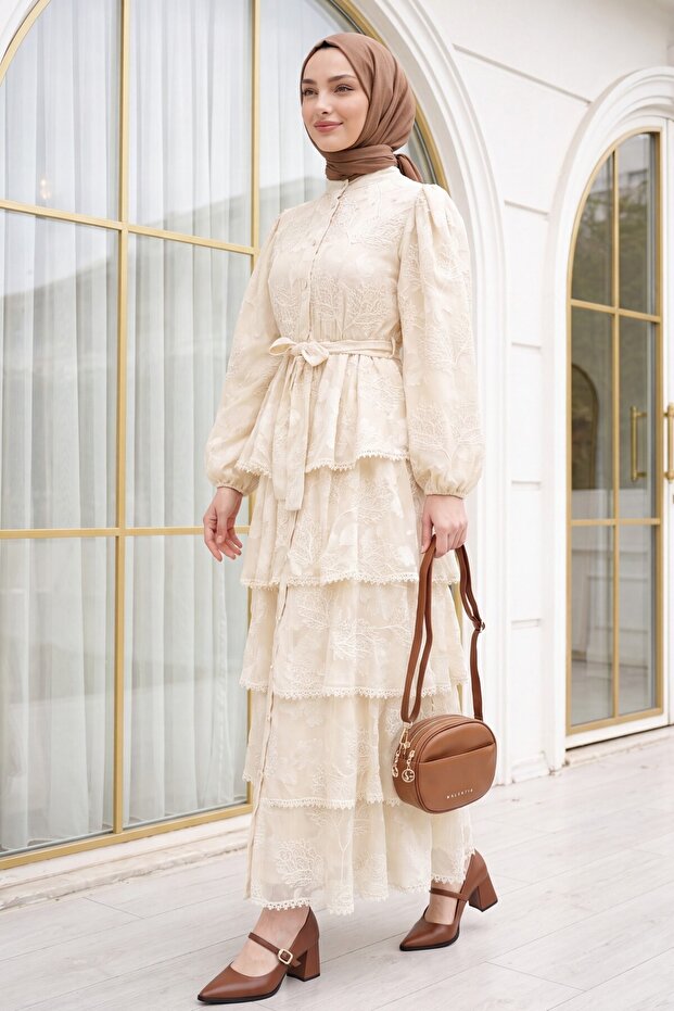 Belted Lined Skirt Layered Embroidered Buttoned Chiffon Dress -Beige
