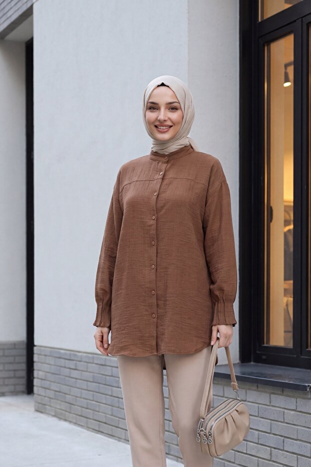 Sleeve Cuff Draped Oval Cut Shirt -Tan