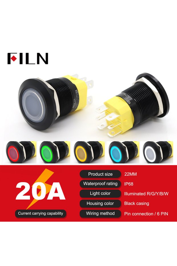 12V-24V Blue-LED LATCHING A22-FJ-14 20A High Current 19mm 22mm 20A 12V 24V 110V 220V IP68 Waterproof