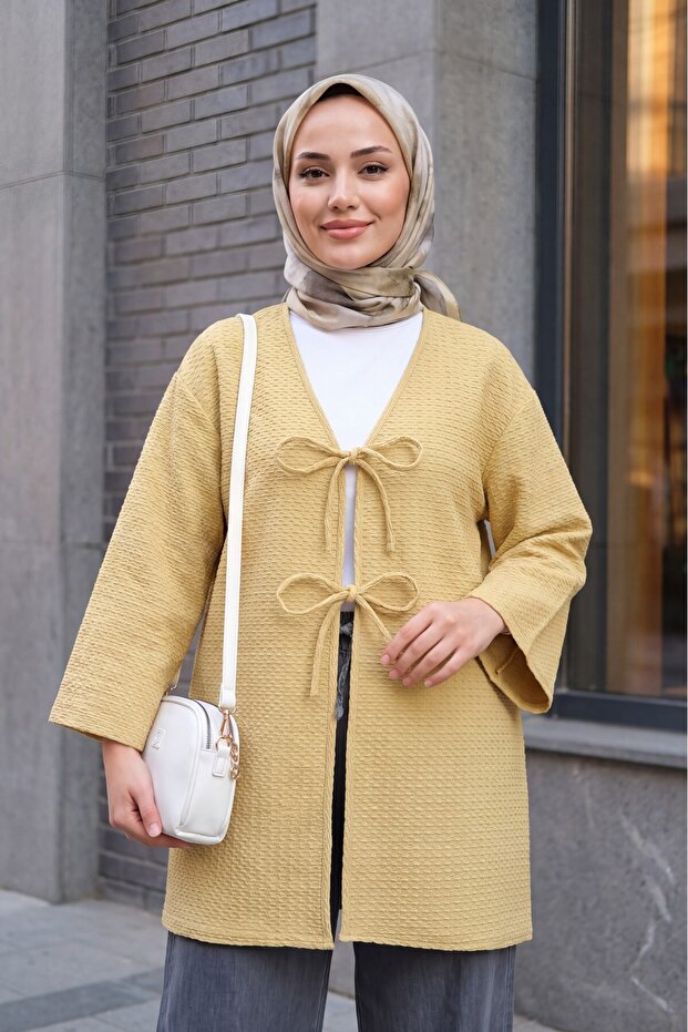 Double Lace-Up Honeycomb Pattern Kimono - Oil Green