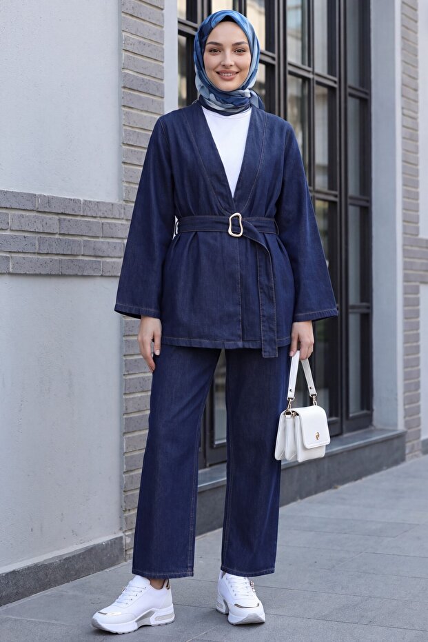 Denim Kimono Set with Belted Trousers -K.Laci