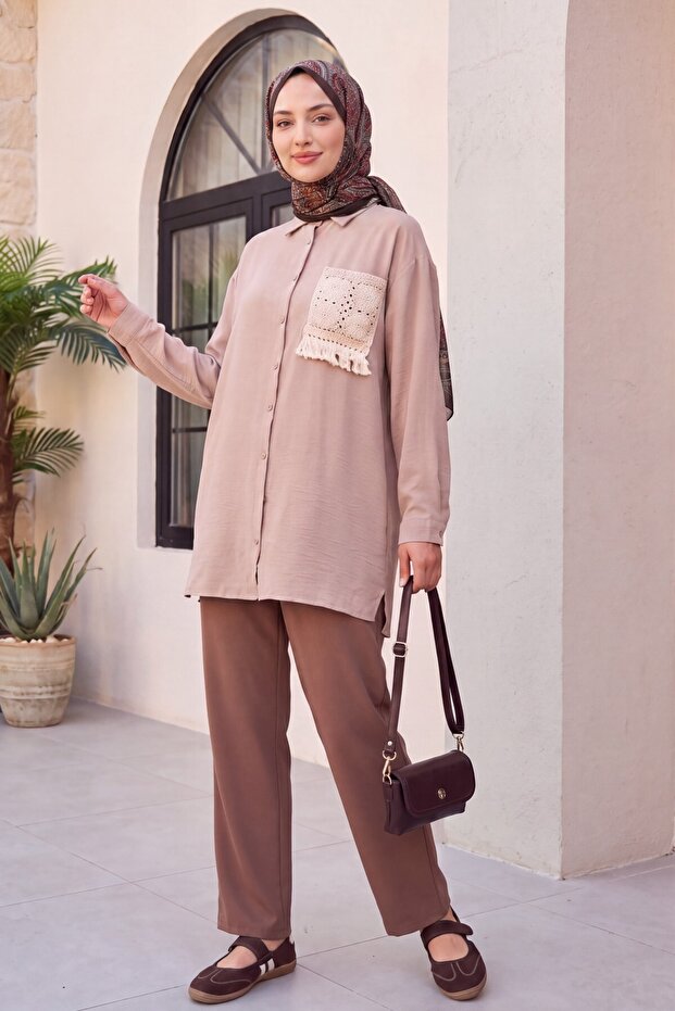 Double Pocket Elastic Waist Pants with Lace Detail - Mink