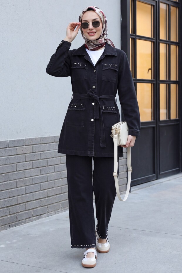 Stone Detailed Jacket Pants Jeans Set - Black