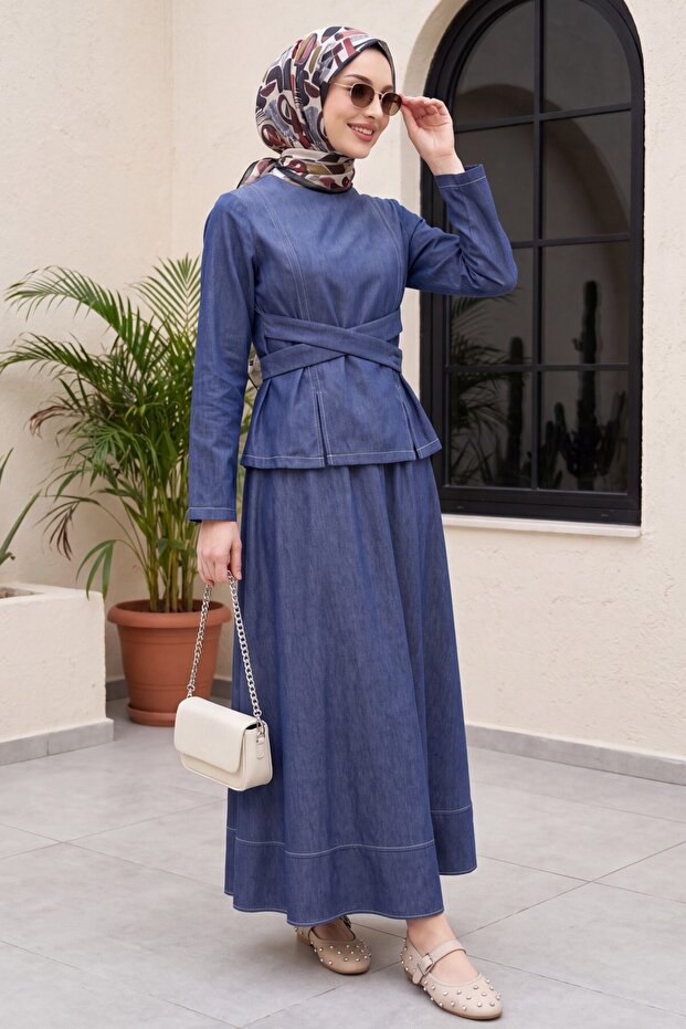 Round neck, crossed waist, lace-up skirt, tencel suit - navy