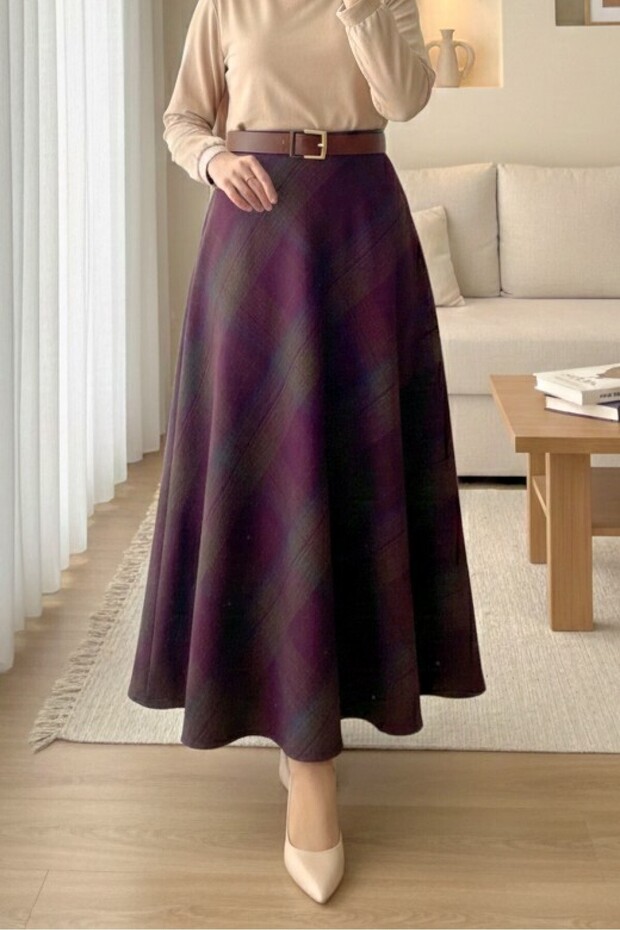 Plaid Patterned Melton A-Line Skirt with Side Zip Closure - Plum