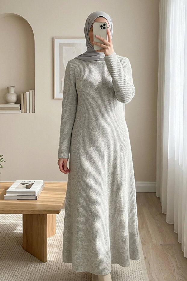 Crew Neck Soft Knit Dress with Waistband - Beige