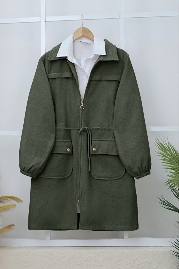 Zippered cashmere cap with elastic sleeve, ball button pocket - khaki