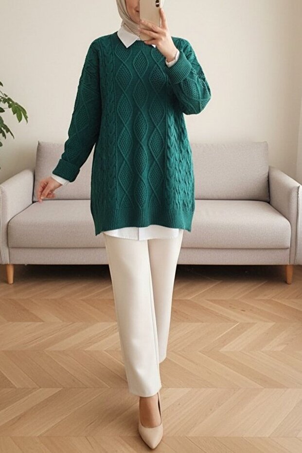 Honeycomb Pattern Winter Casual Knit Sweater - Emerald
