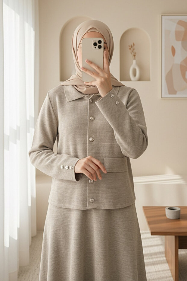 Buttoned Front Skirt and Collared Knitwear Set - Toprak