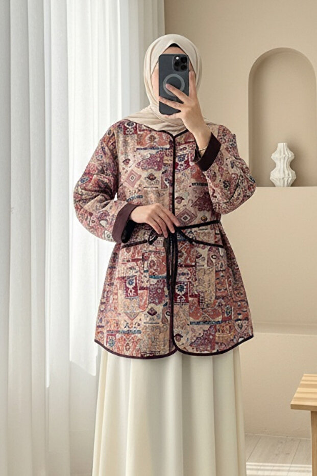 Ethnic Pattern Jacket with Folded Sleeves and Lace-Up Waist -G.Kurusu
