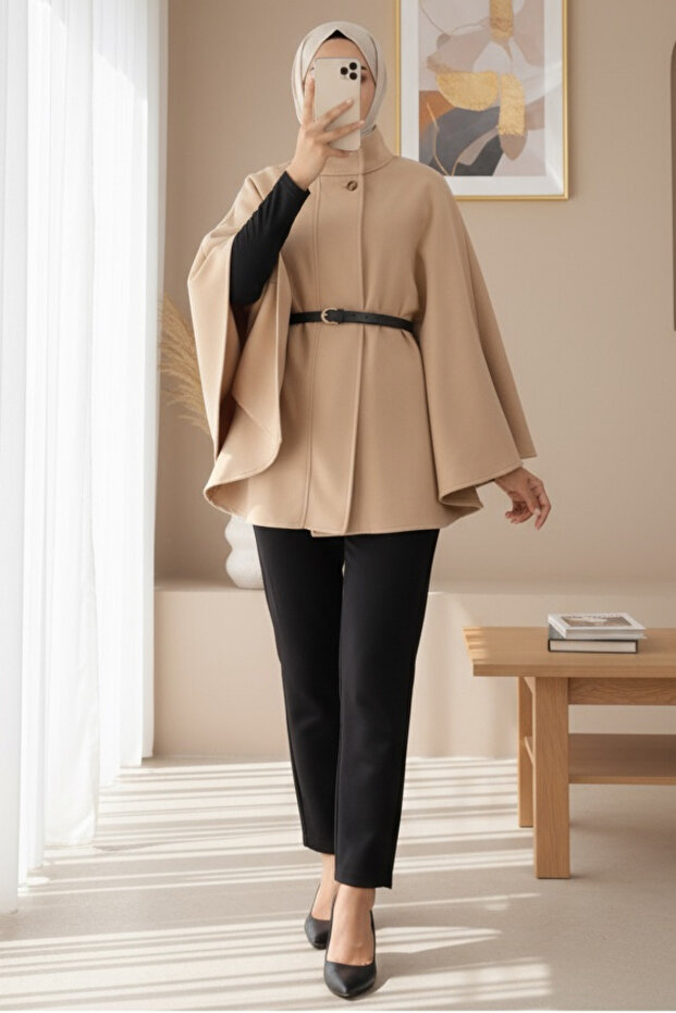 Single Button Belted Poncho - Mink