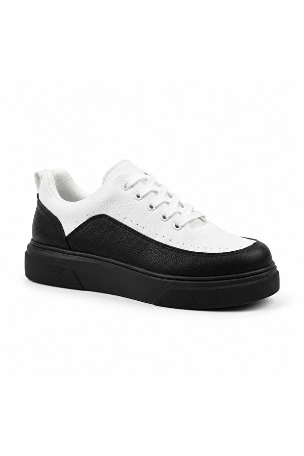 Kb-X12 White Black Leather Men's Shoes - 4 cm Thick Sole Orthopedic Lace-Up Casual Sports Shoes