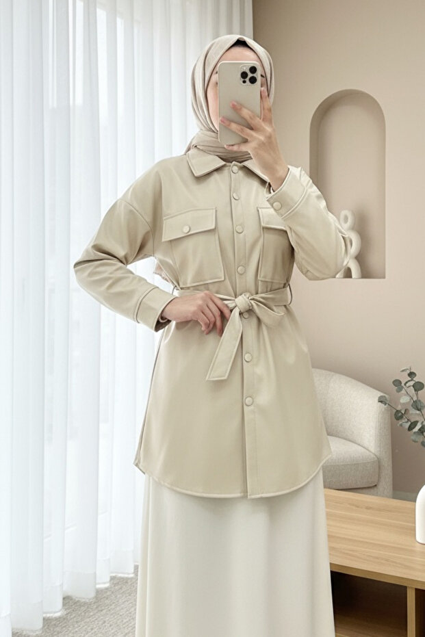 Waist-tied double pocket leather shirt - cream