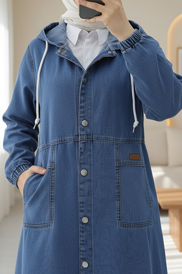 Height-Buttoned Hooded Fold-Over Pocketed Denim Coat - Blue