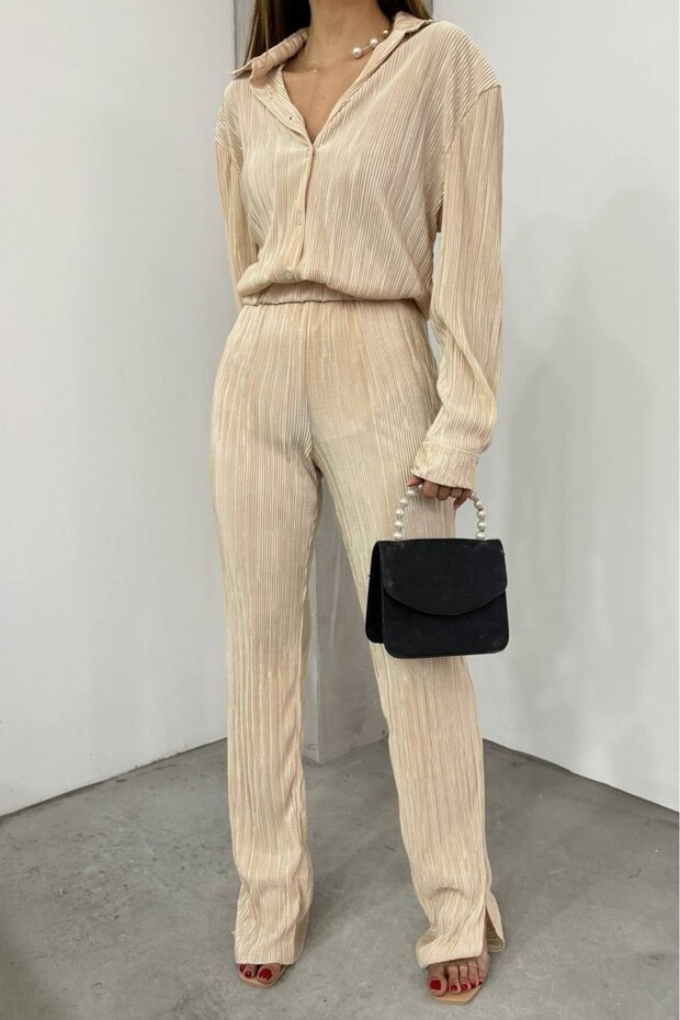 Plise Shirt Double Suit -Beige