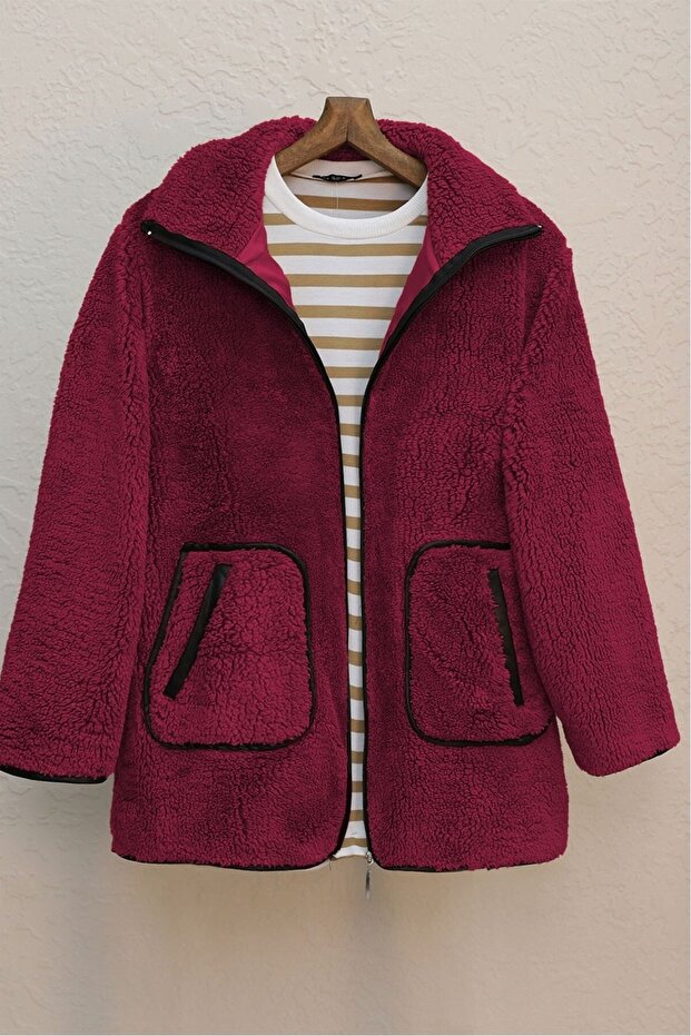 Double Pocket Zippered Lined Plush Coat - Claret Red