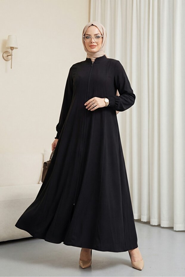 Side pocketed full length zippered elastic sleeve robe - black
