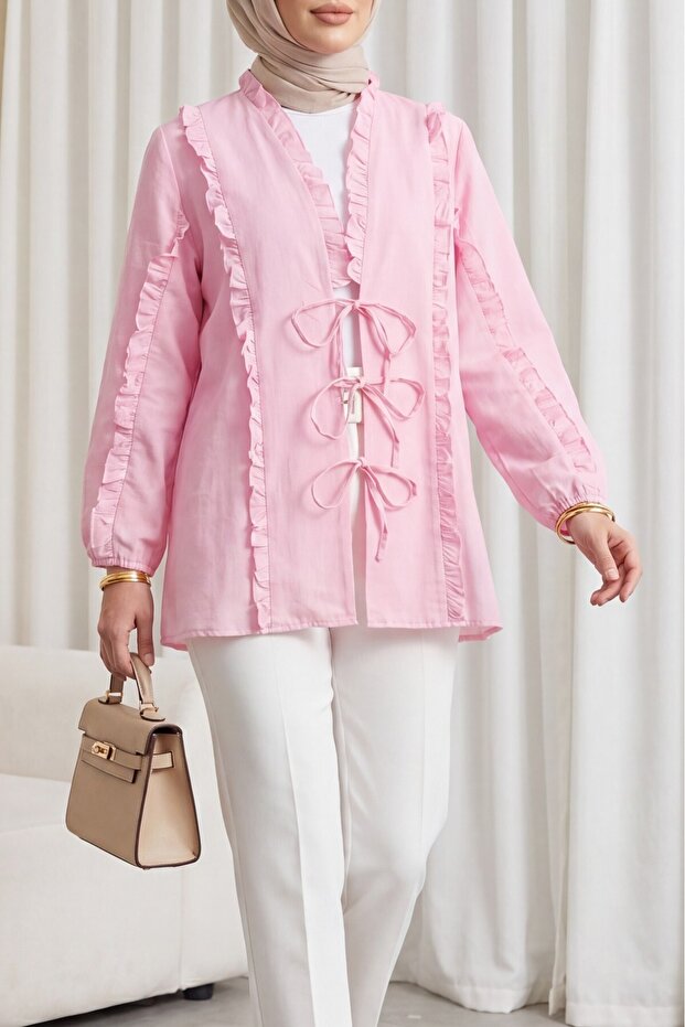Linen Shirt with Ruffle Front and Sleeves - Pink