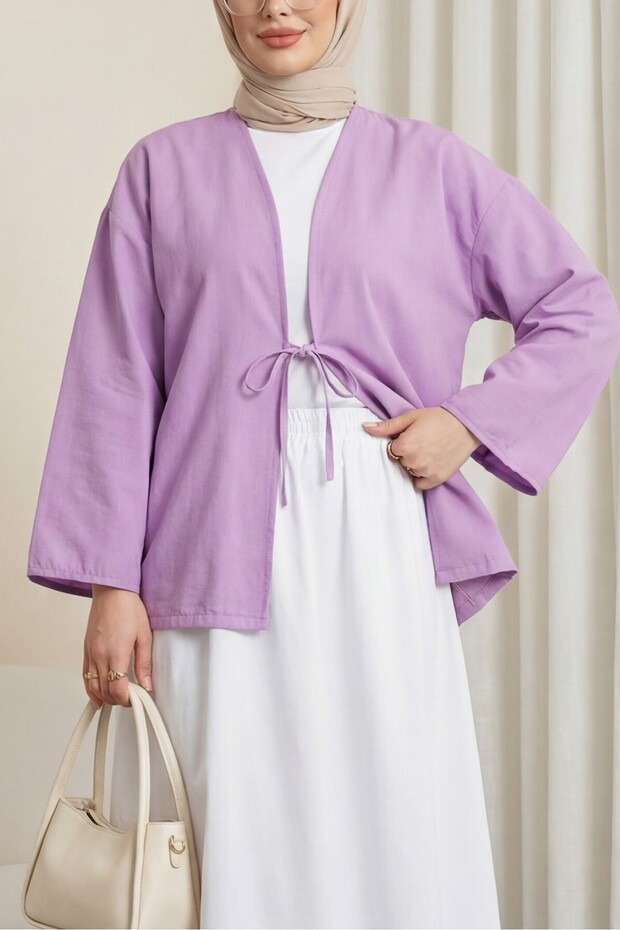 Front Lace Poplin Kimono -Lilac