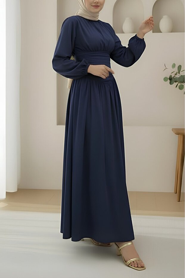 Poplin Dress with Gathered Front, Elasticated Sleeves and Zipper - Navy