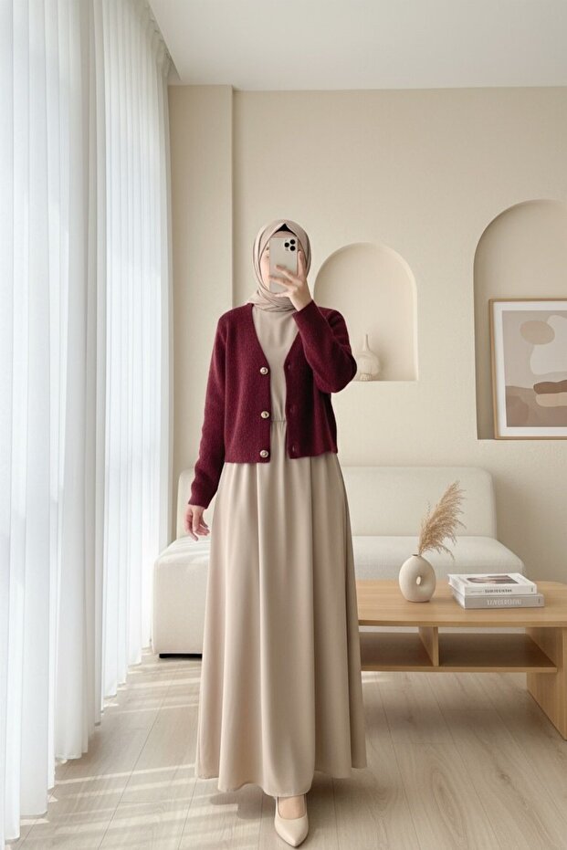 Soft Knit Cardigan with Buttons on the Front - Burgundy