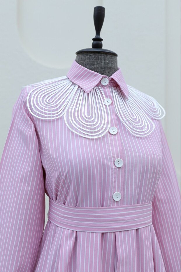 Organza Shirt Collar Striped Belted Dress -Pink