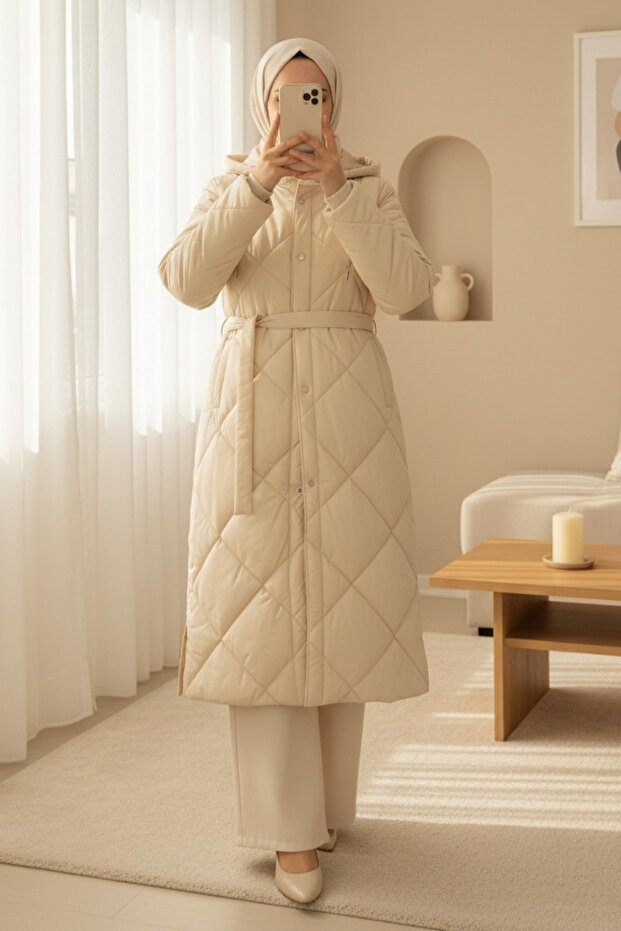 Beli Belted Front Snap Button Hooded Lined Long Quilted Coat - Stone