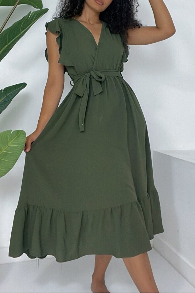 Frilled Shoulders, Zero Sleeves, Elastic Waist, Lace-up Ayrobin Dress