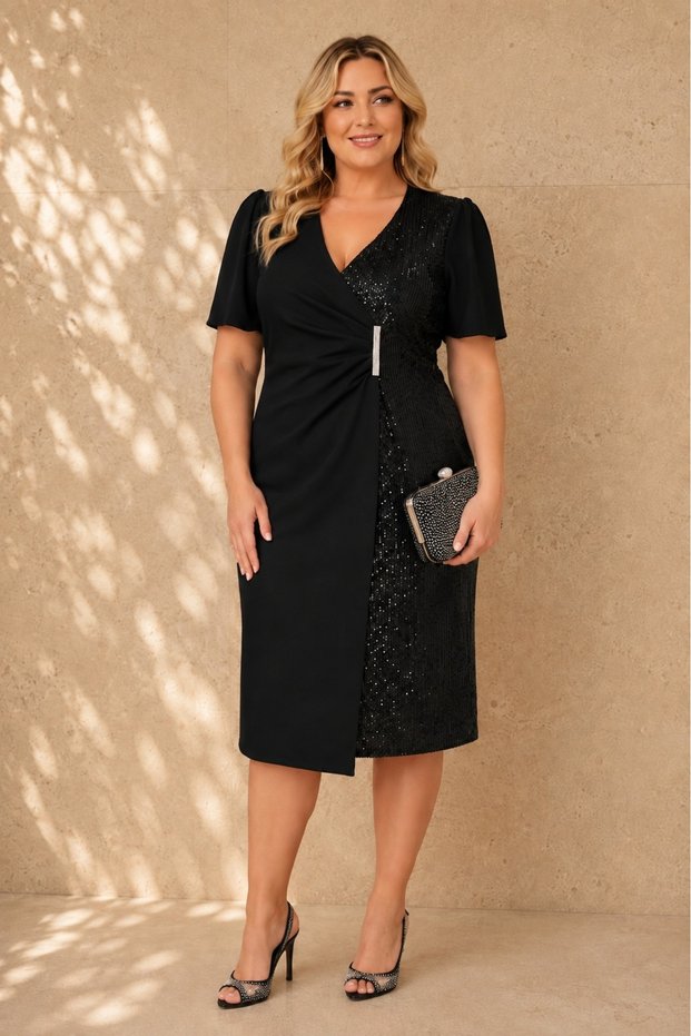 Women's Large Size Sequin Block Stone Buckle Accessory Detail Short Sleeve Flexible Short Sleeve Woven Evening Dress