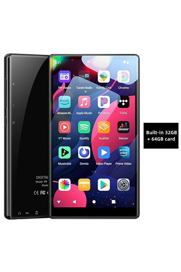 مشغلات MP3 و MP4 بسعة 96 جيجابايت باللون الأسود، 32 جيجابايت/96 جيجابايت، تعمل بنظام أندرويد 13، مع بلوتوث وواي فاي، وشاشة لمس 5 بوصة.