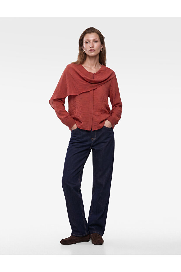 Long Sleeve Shawl Detailed Round Neck Oversize Chiffon Blouse